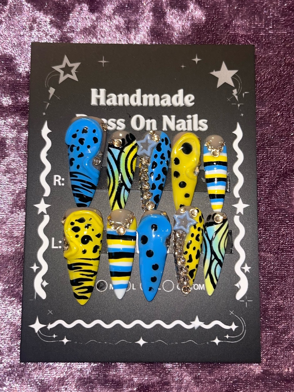 Handmade Press-On Nails in Blue & Yellow